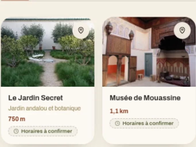 Rubrique « À voir » : cartes du Jardin Secret et du musée de Mouassine, avec leur distance depuis le riad