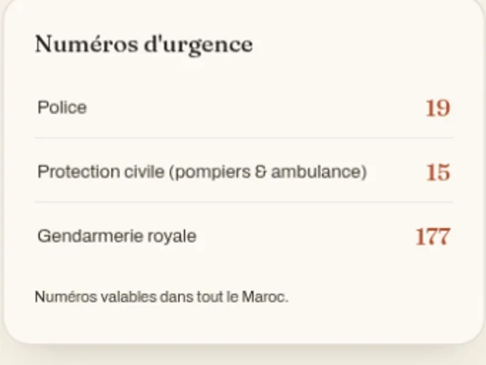 Carte des numéros d’urgence du livret : police, protection civile et gendarmerie royale