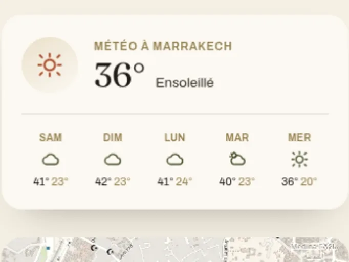 Carte météo du livret : température du jour à Marrakech et prévisions sur cinq jours