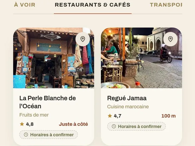 Rubrique « Restaurants & cafés » : cartes de La Perle Blanche de l’Océan et de Regué Jamaa, avec leur note et leur distance